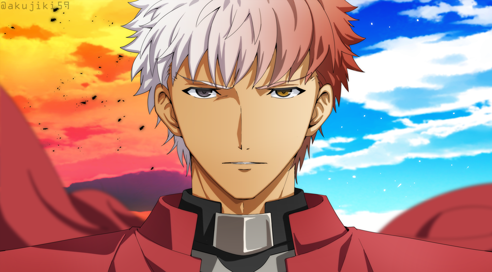 1boy akujiki59 archer_(fate) clouds cloudy_sky dark-skinned_male dark_skin emiya_shirou expressionless face fate/stay_night fate_(series) looking_at_viewer male_focus official_style short_hair sky solo spiky_hair split_theme spoilers sunset transformation white_hair wind