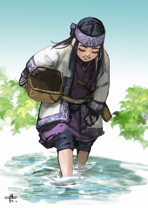 1girl ainu_clothes asirpa basket black_hair blue_pants blue_sky closed_eyes day earrings golden_kamuy holding holding_basket jewelry leaning_forward long_hair mitsuya outdoors pants purple_headband sky soaking_feet solo