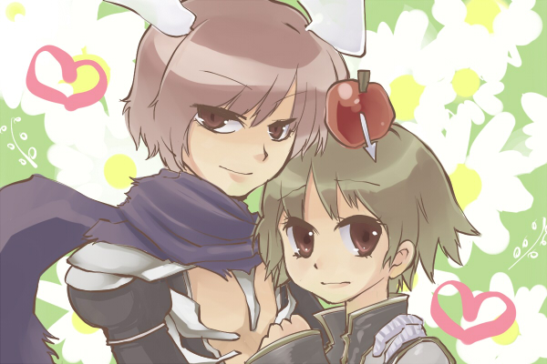 2boys apple apple_on_head armor arrow_(projectile) arrow_through_apple assassin_cross_(ragnarok_online) aura_(a440) bangs black_coat black_shirt brown_eyes brown_hair closed_mouth coat commentary_request eyebrows_visible_through_hair food fruit green_eyes hair_between_eyes head_wings heart high_priest_(ragnarok_online) layered_clothing long_sleeves looking_at_viewer male_focus multiple_boys open_clothes open_shirt pauldrons purple_scarf ragnarok_online red_apple scarf shirt short_hair shoulder_armor smile torn_scarf upper_body white_coat white_wings wings