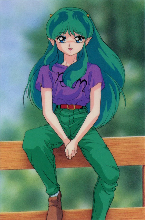 1980s_(style) 1girl bangs blue_eyes brown_footwear casual clothes_writing day eyebrows_visible_through_hair eyeshadow fence green_hair hands_together horns long_hair looking_at_viewer lum makeup official_art on_fence oni oni_horns open_mouth outdoors pointy_ears purple_shirt retro_artstyle scan shirt shirt_tucked_in short_sleeves sitting solo t-shirt urusei_yatsura
