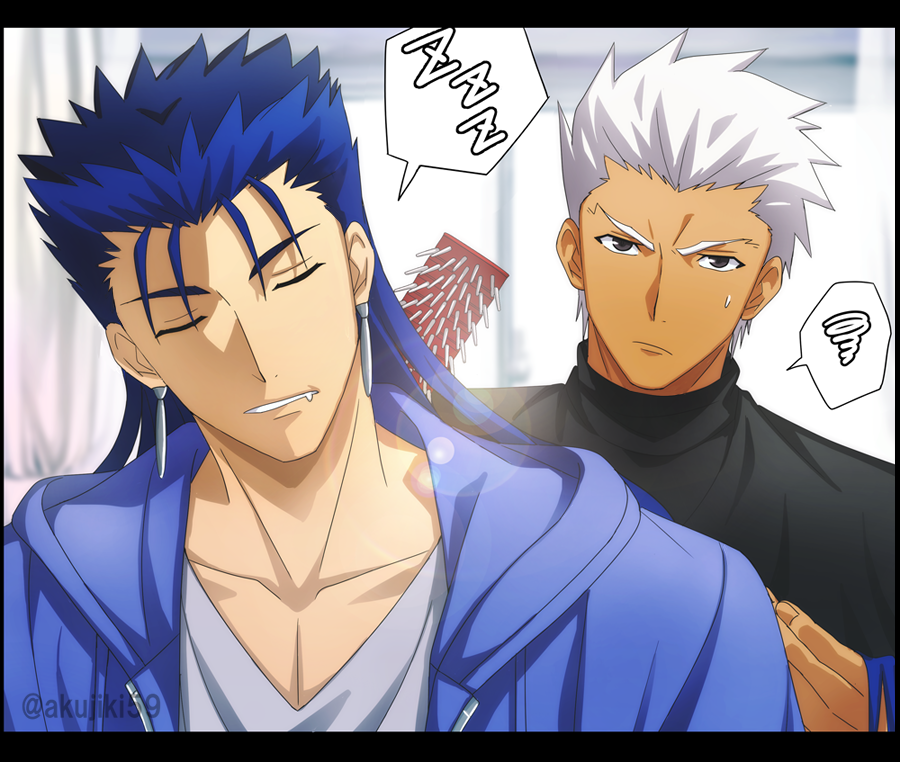 2boys akujiki59 archer_(fate) artist_name black_shirt blue_jacket blurry brush brushing closed_eyes closed_mouth collarbone commentary_request cu_chulainn_(fate) cu_chulainn_(fate/stay_night) earrings fate_(series) grey_shirt holding hood hooded_jacket jacket jewelry lens_flare male_focus mouth_drool multiple_boys official_style parted_lips shirt sleeping spiky_hair spoken_squiggle spoken_zzz squiggle sweatdrop upper_body watermark white_hair zzz
