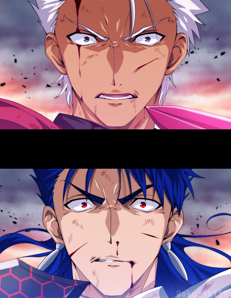 2boys akujiki59 archer_(fate) blood blood_from_mouth blood_on_face blue_hair bruise cu_chulainn_(fate) cu_chulainn_(fate/stay_night) cuts dark-skinned_male dark_skin face fate/stay_night fate_(series) injury male_focus messy_hair multiple_boys nosebleed official_style pointing_weapon ponytail red_eyes serious short_hair spiky_hair white_hair wide-eyed