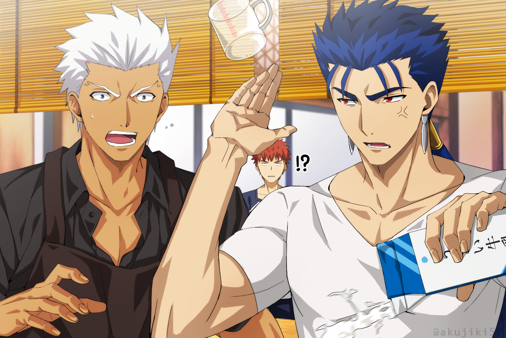 !? 3boys akujiki59 anger_vein apron archer_(fate) black_apron black_shirt blue_hair cu_chulainn_(fate) cu_chulainn_(fate/stay_night) dark-skinned_male dark_skin emiya_shirou fate/stay_night fate_(series) glaring looking_at_another male_cleavage male_focus milk multiple_boys official_style partially_unbuttoned ponytail red_eyes shirt short_hair spiky_hair toned toned_male upper_body white_hair white_shirt wide-eyed