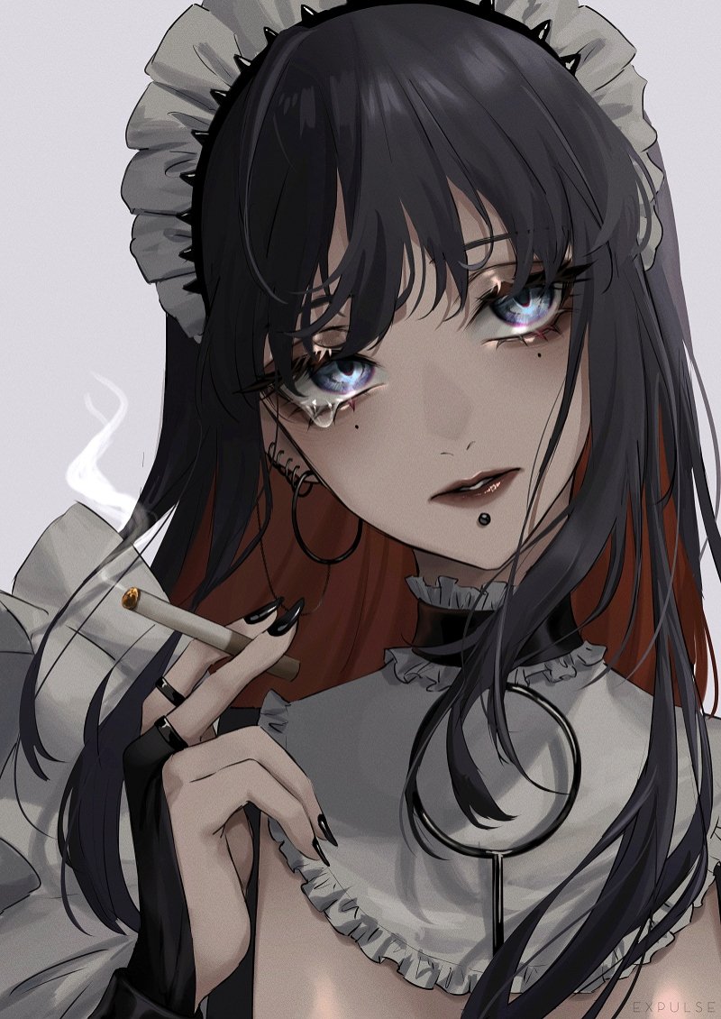 1girl black_hair black_nails cigarette earrings expulse jewelry lip_piercing maid_headdress mole mole_under_eye multicolored_hair original piercing redhead smoking two-tone_hair zenith_(expulse)