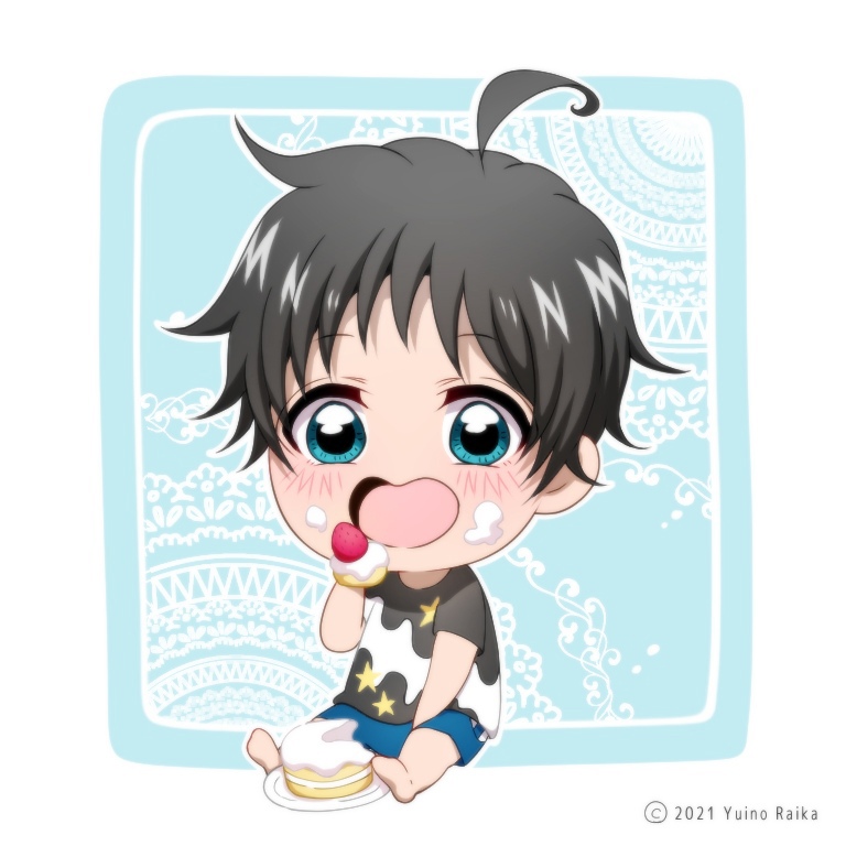 1boy barefoot blue_eyes blush cake chibi dark_hair eating happy looking_at_viewer male open_mouth sitting solo