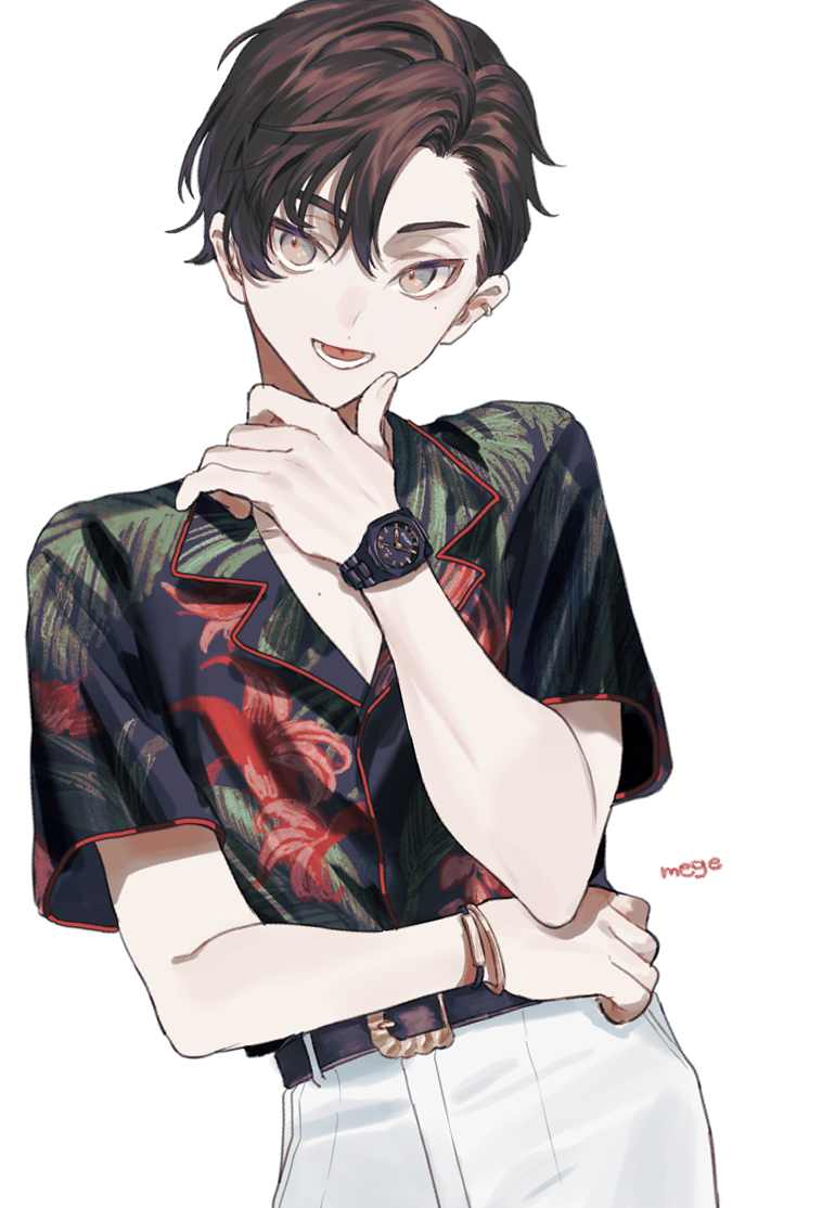 1boy artist_name belt belt_buckle black_hair bracelet buckle chin_stroking commentary_request cowboy_shot ear_piercing floral_print grey_eyes hand_up hawaiian_shirt jewelry looking_at_viewer lower_teeth male_focus megechan mole mole_under_eye open_mouth original pants piercing print_shirt shirt short_hair short_sleeves simple_background solo very_short_hair watch watch white_background white_pants