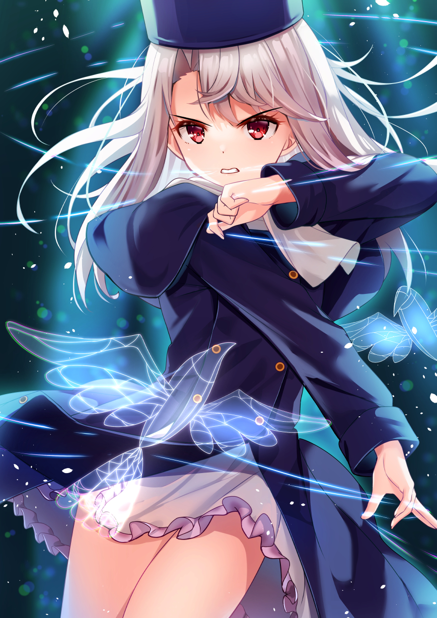1girl bangs blue_headwear blue_jacket blush breasts buttons clenched_teeth double-breasted fate/stay_night fate_(series) hair_between_eyes hat highres illyasviel_von_einzbern jacket long_hair long_sleeves looking_at_viewer red_eyes sidelocks small_breasts teeth thighs white_hair yan_(nicknikg)