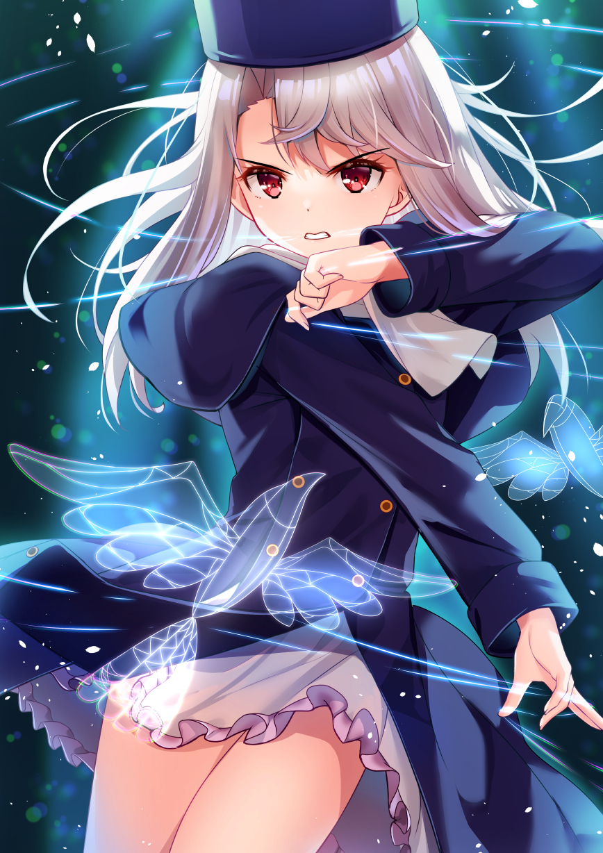 1girl bangs blue_headwear blue_jacket blush breasts buttons clenched_teeth double-breasted fate/stay_night fate_(series) hair_between_eyes hat highres illyasviel_von_einzbern jacket long_hair long_sleeves looking_at_viewer red_eyes revision sidelocks small_breasts teeth thighs white_hair yan_(nicknikg)