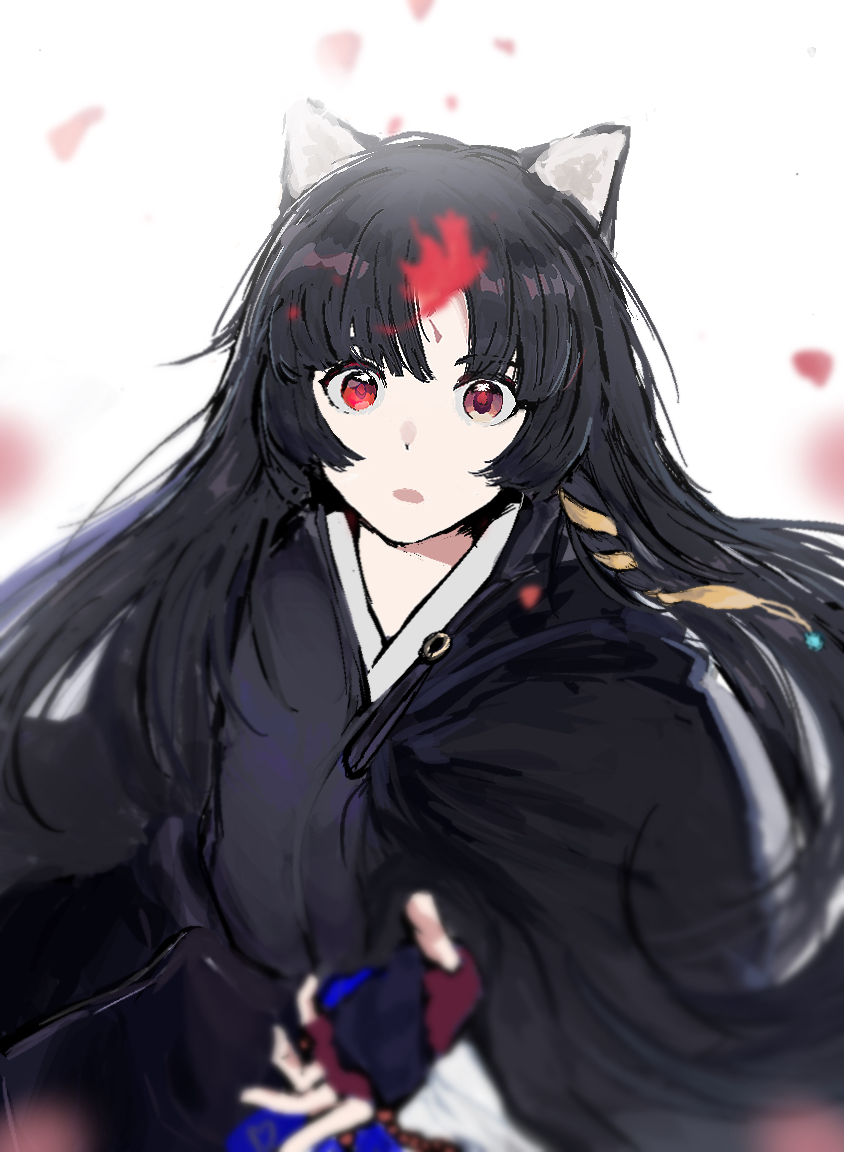 1girl :o animal_ears arknights black_hair black_shirt blurry boker_trcx commentary depth_of_field dog_ears elite_ii_(arknights) facial_mark fingerless_gloves forehead_mark gloves japanese_clothes long_hair looking_at_viewer petals purple_gloves red_eyes saga_(arknights) shirt solo symbol-only_commentary upper_body white_background