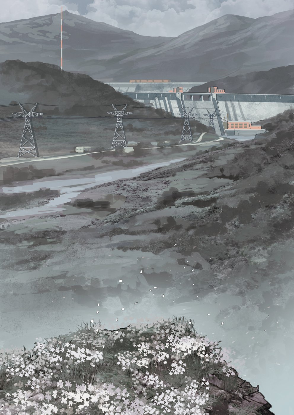asterisk_kome building cliff clouds dam flower grass highres mountain no_humans original outdoors power_lines radio_tower river road sky vegetation winged_fusiliers