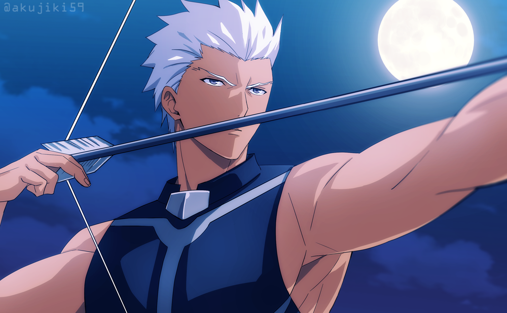 1boy akujiki59 archer_(fate) armpits bare_shoulders bow_(weapon) dark-skinned_male dark_skin drawing_bow fate/stay_night fate_(series) full_moon holding holding_bow_(weapon) holding_weapon male_focus moon muscular muscular_male official_style pectorals short_hair sidepec solo spiky_hair upper_body weapon white_hair