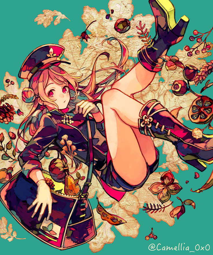 1girl akagi_shun aqua_background autumn_leaves bag bangs black_bag black_footwear black_shirt black_shorts blush boots branch brown_hair chinese_clothes duffel_bag earrings falling flower food fruit full_body gloves hair_bun hat high_collar jewelry leaf looking_away original peaked_cap pear pinecone plant pumpkin red_eyes shirt shorts sleeves_rolled_up solo twitter_username white_gloves