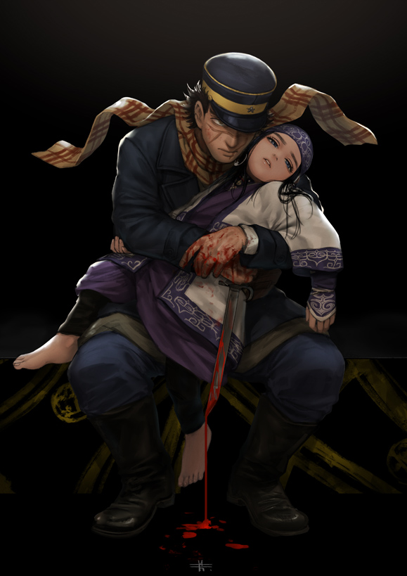 1boy 1girl ainu_clothes asirpa black_background black_footwear black_hair black_headwear black_jacket black_pants blood blood_on_hands blood_on_weapon blue_eyes blue_pants golden_kamuy half-closed_eyes hat hat_over_one_eye holding holding_sword holding_weapon jacket long_hair mitsuya pants plaid plaid_scarf purple_headband scarf short_hair sugimoto_saichi sword weapon yellow_scarf