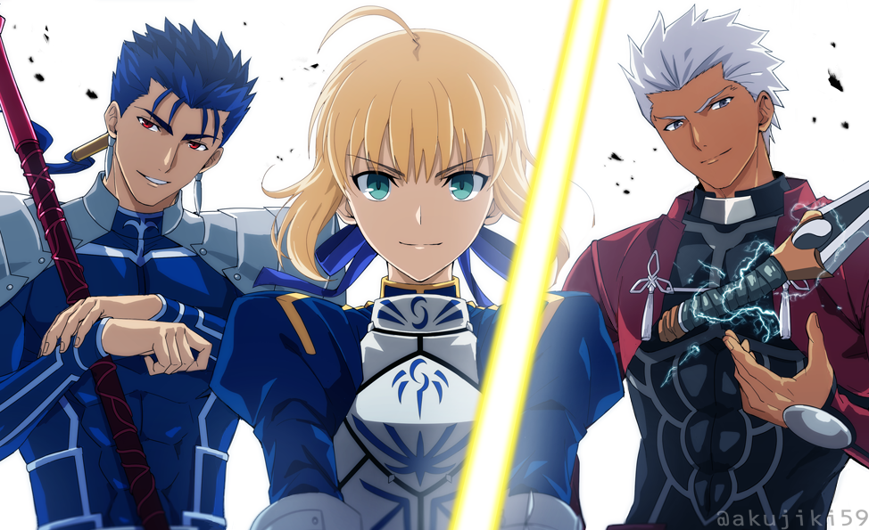 1girl 2boys akujiki59 archer_(fate) armor artoria_pendragon_(fate) backlighting blue_hair breastplate cu_chulainn_(fate) cu_chulainn_(fate/stay_night) dark-skinned_male dark_skin ear_piercing fate/stay_night fate_(series) head_tilt holding holding_polearm holding_spear holding_sword holding_weapon looking_at_viewer multiple_boys official_style piercing polearm ponytail red_eyes saber short_hair smile spear spiky_hair sword toned toned_male upper_body weapon white_hair wind