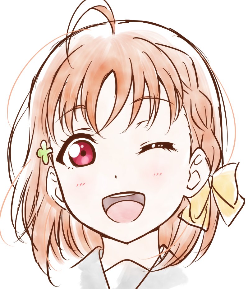 1girl ahoge anibache bangs birthday braid close-up clover_hair_ornament commentary_request eyebrows_visible_through_hair hair_ornament hair_ribbon looking_at_viewer love_live! love_live!_sunshine!! one_eye_closed orange_hair red_eyes ribbon short_hair side_braid smile solo takami_chika yellow_ribbon