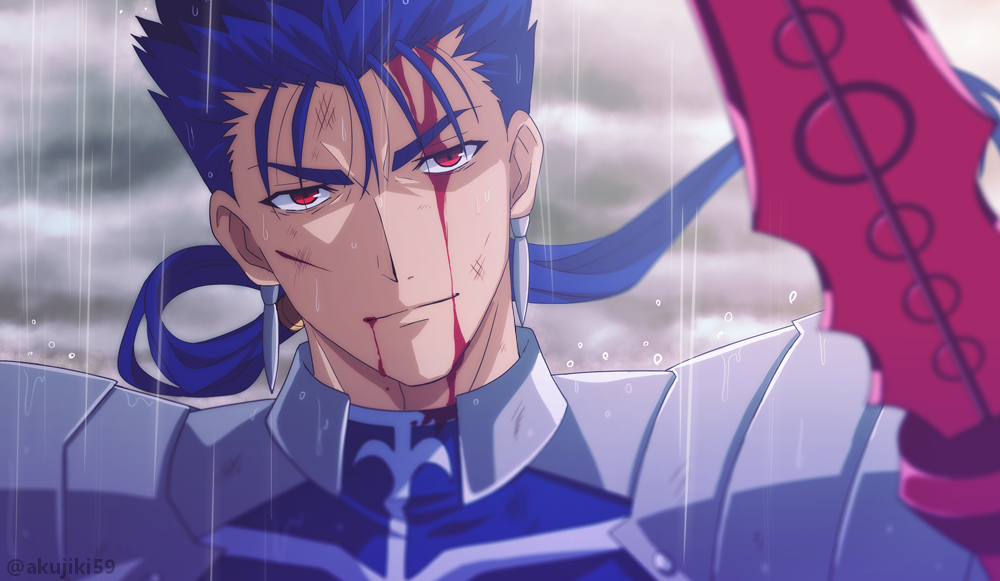 1boy akujiki59 artist_name bangs blood blood_on_face blue_hair blurry closed_mouth clouds cloudy_sky commentary_request cu_chulainn_(fate) cu_chulainn_(fate/stay_night) fate_(series) floating_hair hair_tubes long_hair looking_at_viewer male_focus official_style outdoors ponytail rain red_eyes shoulder_plates sky smile solo upper_body watermark weapon