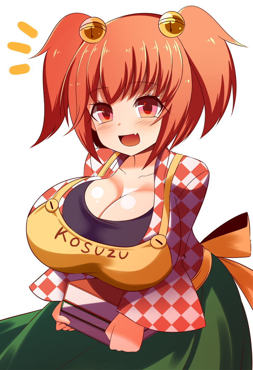 1girl apron bell breasts character_name checkered clothes_writing hair_bell hair_ornament highres japanese_clothes kimono large_breasts motoori_kosuzu red_eyes redhead romaji_text short_hair solo touhou twintails two_side_up xialu_zajin