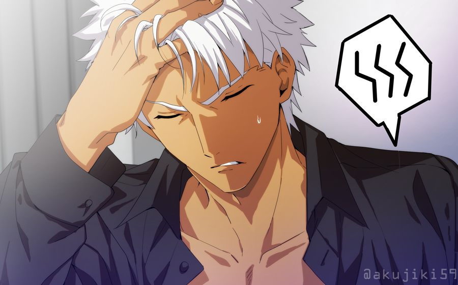 1boy akujiki59 archer_(fate) black_shirt casual closed_mouth collarbone collared_shirt dark-skinned_male dark_skin fate/stay_night fate_(series) hand_in_hair hand_on_own_head male_focus official_style open_clothes open_shirt shirt short_hair solo spiky_hair sweatdrop upper_body white_hair