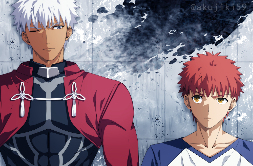 2boys akujiki59 alternate_hairstyle archer_(fate) bangs covered_abs dark-skinned_male dark_skin emiya_shirou fate/stay_night fate_(series) glaring height_difference looking_at_another male_focus multiple_boys muscular muscular_male official_style one_eye_closed orange_hair pectorals short_hair shrug_(clothing) spiky_hair upper_body white_hair