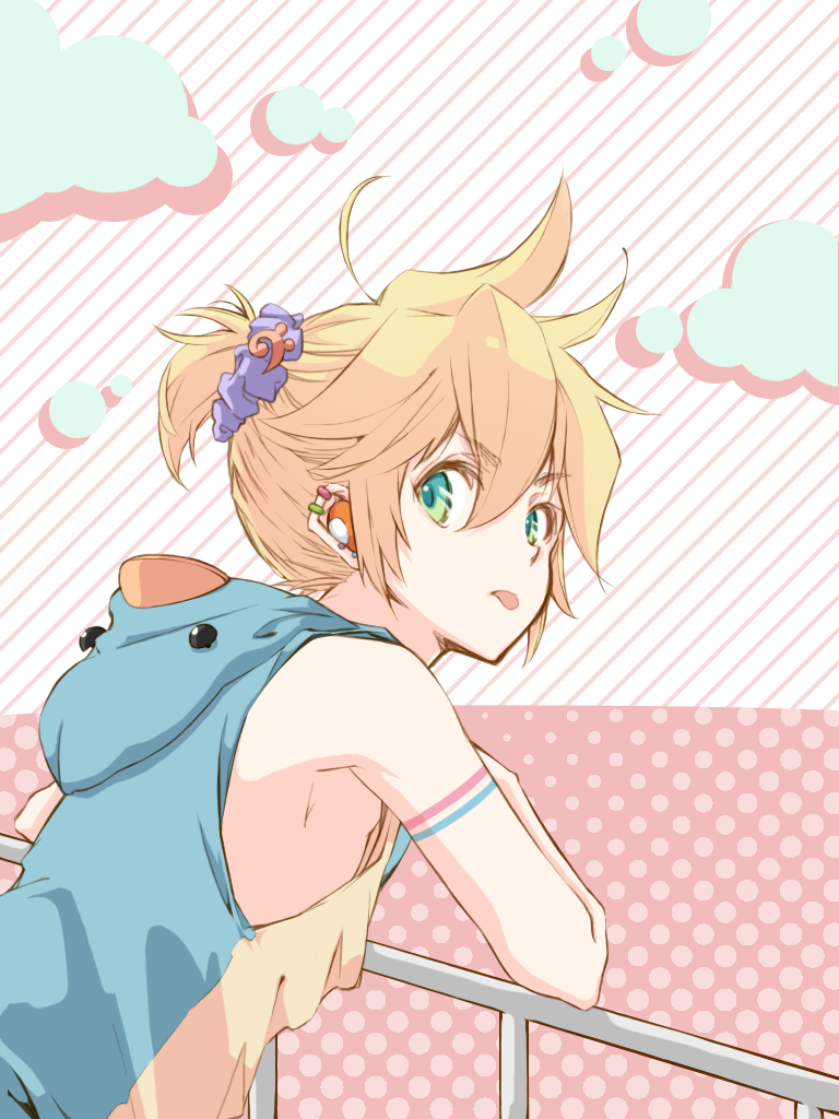 1boy agi_hayami aqua_eyes arm_support bare_shoulders bass_clef blonde_hair clouds commentary duck_hood earphones earphones earrings hair_ornament hair_scrunchie halftone halftone_background handrail hood hoodie jewelry kagamine_len leaning_forward looking_at_viewer looking_back male_focus musical_note_hair_ornament pectorals pink_background scrunchie short_ponytail sidepec solo spiky_hair tongue tongue_out v-shaped_eyebrows vocaloid