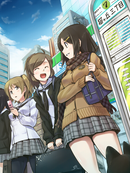 4girls bag black_hair black_sweater blonde_hair brown_eyes brown_hair brown_sweater building cellphone character_request check_character city closed_eyes clouds dated_commentary day denchuubou flip_phone from_below grey_skirt hair_ornament hairclip holding long_hair long_sleeves medium_hair miniskirt multiple_girls open_mouth original pantyhose phone plaid plaid_skirt pleated_skirt ponytail sailor_collar scarf shirt skirt sky skyscraper smile standing sweater train_station white_shirt