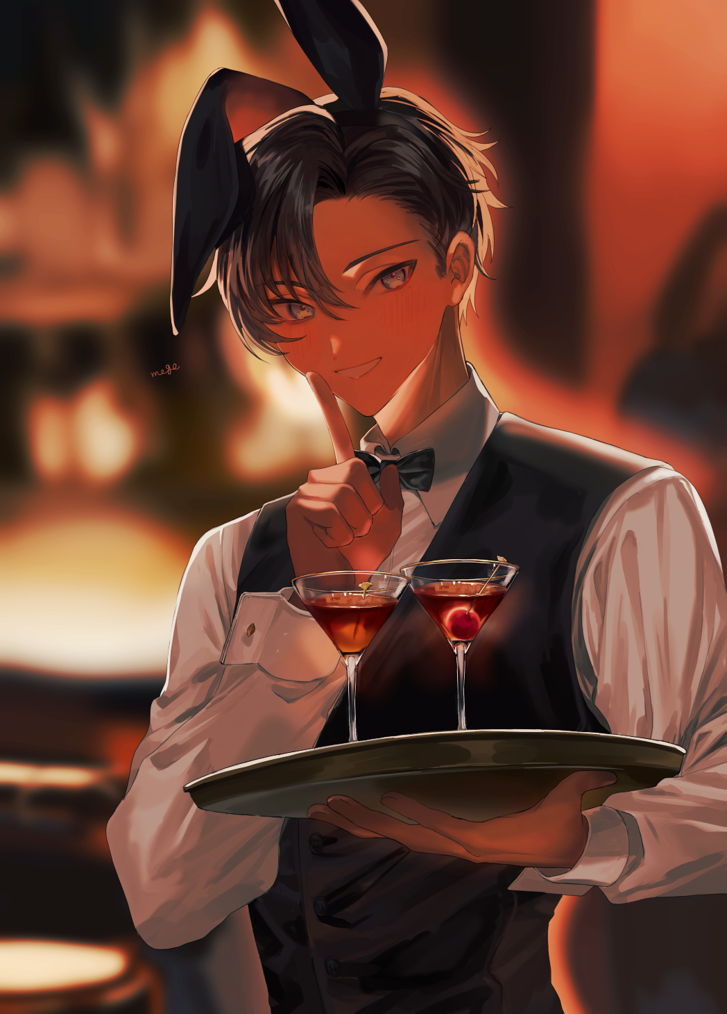 1boy alcohol animal_ears artist_name black_hair black_neckwear blurry blurry_background bow bowtie cherry cocktail_glass commentary_request cup dark-skinned_male dark_skin drinking_glass finger_to_mouth food formal fruit grey_eyes hair_between_eyes hand_up highres holding holding_tray long_sleeves looking_at_viewer male_focus megechan original parted_lips rabbit_ears shirt short_hair shushing smile solo suit tray upper_body very_short_hair waistcoat waiter white_shirt