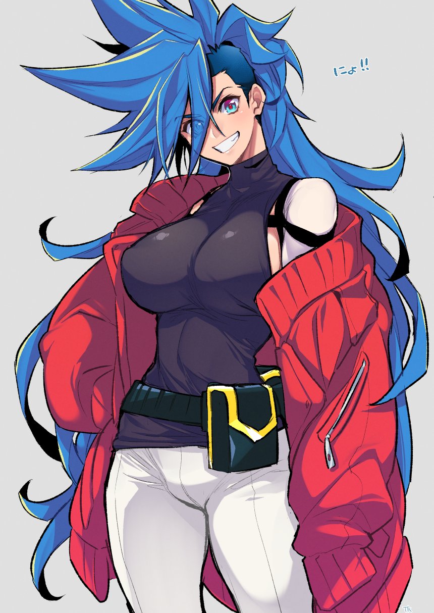 ! !! 1girl belt blue_eyes blue_hair breasts commentary_request cowboy_shot eyebrows_visible_through_hair eyes_visible_through_hair galo_thymos genderswap genderswap_(mtf) grey_background highres large_breasts long_hair looking_at_viewer pants parted_lips pouch promare simple_background solo spiky_hair standing takatsuki_ichi teeth translation_request very_long_hair