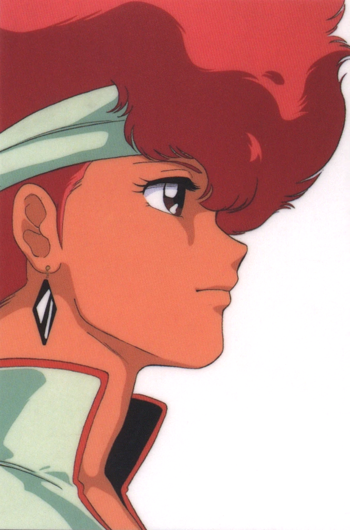 1980s_(style) 1girl close-up dark-skinned_female dark_skin dirty_pair earrings headband jewelry kei_(dirty_pair) official_art portrait profile red_eyes redhead retro_artstyle scan short_hair simple_background solo white_background