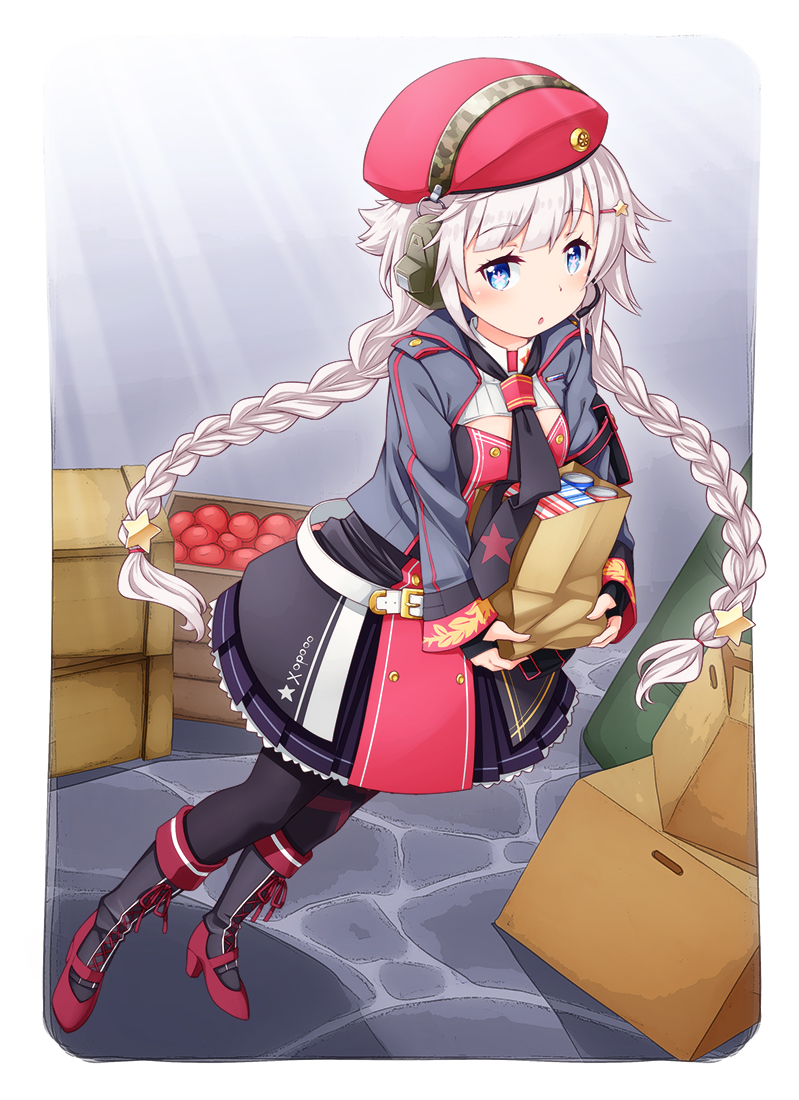 1girl apple bag belt beret blue_eyes boots braid check_commentary commentary_request crate cross-laced_footwear eyebrows_visible_through_hair fingerless_gloves food fruit girls_frontline gloves hair_ornament hairclip hammer_and_sickle hammer_and_sickle_print hat headset holding holding_bag lace-up_boots long_hair looking_at_viewer necktie open_mouth ots-12_(girls_frontline) russian_text sansei_rain solo star-shaped_pupils star_(symbol) star_hair_ornament symbol-shaped_pupils twin_braids very_long_hair