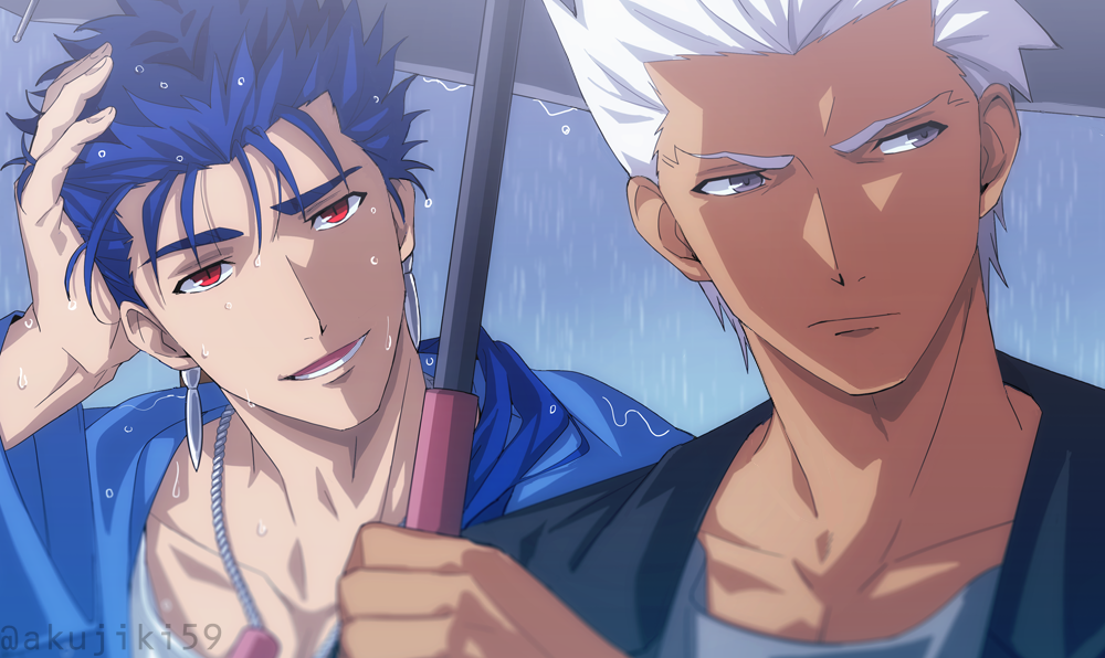 2boys akujiki59 alternate_costume archer_(fate) blue_hair casual cu_chulainn_(fate) cu_chulainn_(fate/stay_night) dark-skinned_male dark_skin ear_piercing face fate/stay_night fate_(series) hand_in_hair holding holding_umbrella looking_away male_focus multiple_boys official_style piercing ponytail red_eyes short_hair smile spiky_hair umbrella upper_body wet wet_hair white_hair