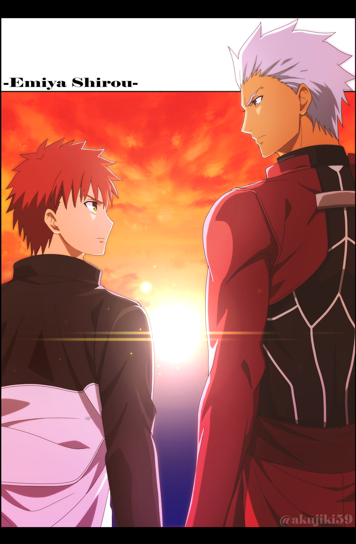 2boys akujiki59 archer_(fate) artist_name bangs brown_eyes brown_jacket closed_mouth clouds commentary_request emiya_shirou eye_contact fate_(series) from_behind jacket light_trail long_sleeves looking_at_another looking_to_the_side male_focus multiple_boys official_style outdoors redhead short_hair sky spiky_hair sun sunset twilight watermark white_hair