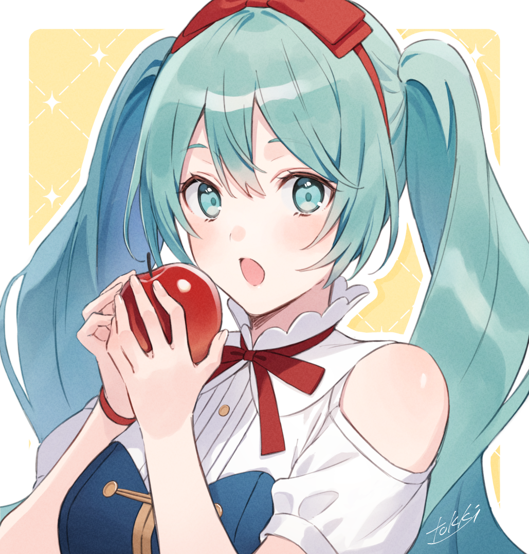 1girl apple aqua_eyes aqua_hair bare_shoulders blue_corset clothing_cutout commentary cosplay food fruit hair_ribbon hatsune_miku holding holding_food holding_fruit long_hair looking_at_viewer neck_ribbon open_mouth red_neckwear red_ribbon ribbon shirt shoulder_cutout signature snow_white snow_white_(disney) snow_white_(disney)_(cosplay) solo tokki twintails upper_body very_long_hair vocaloid white_shirt wristband yellow_background