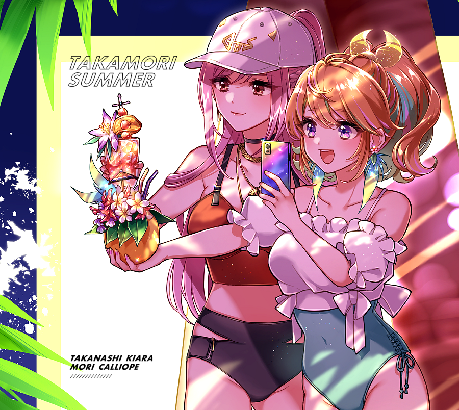 2girls alternate_costume alternate_hairstyle baseball_cap cellphone earrings feather_earrings feathers gradient_hair hair_through_headwear hat holding holding_phone hololive hololive_english jewelry mamaloni mori_calliope multicolored_hair multiple_girls orange_hair phone pink_hair ponytail red_eyes red_nails smartphone swimsuit takanashi_kiara taking_picture violet_eyes virtual_youtuber yuri