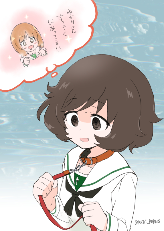 +_+ 2girls akiyama_yukari animal_collar bangs black_neckwear blouse brown_eyes brown_hair collar girls_und_panzer kurota_itsu leash long_sleeves messy_hair multiple_girls neckerchief ooarai_school_uniform open_mouth sailor_collar saliva school_uniform serafuku short_hair solo_focus sweatdrop thought_bubble translated twitter_username white_blouse white_sailor_collar