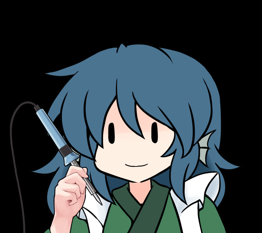 1girl 216 bangs black_background blue_hair closed_mouth commentary_request hand_up head_fins holding long_hair simple_background smile soldering_iron solo touhou upper_body wakasagihime you're_doing_it_wrong |_|