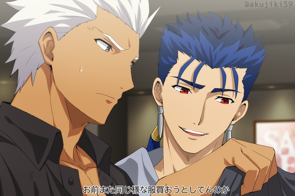 2boys akujiki59 archer_(fate) black_shirt blue_hair cu_chulainn_(fate) cu_chulainn_(fate/stay_night) dark-skinned_male dark_skin face fate/stay_night fate_(series) looking_at_another male_focus multiple_boys official_style ponytail red_eyes shirt short_hair smile spiky_hair sweatdrop upper_body white_hair
