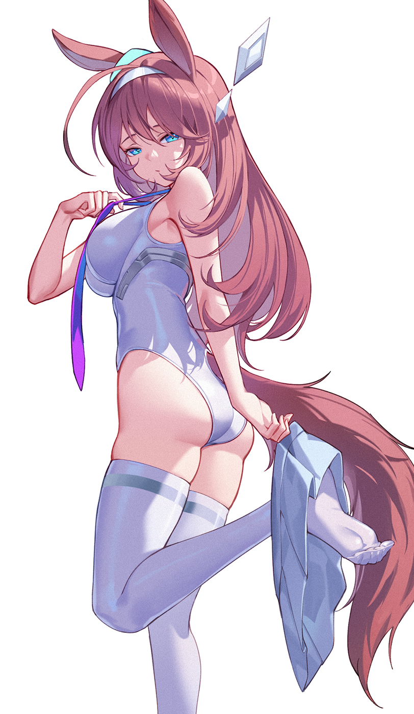 1girl ahoge animal_ears ass bare_arms bare_shoulders blue_eyes breasts brown_hair closed_mouth from_behind grey_hairband grey_legwear grey_leotard grey_skirt hairband highres horse_ears large_breasts leg_up leotard long_hair looking_at_viewer looking_back mihono_bourbon_(umamusume) miniskirt necktie nian no_shoes purple_neckwear simple_background skirt skirt_around_one_leg solo standing standing_on_one_leg umamusume undressing white_background