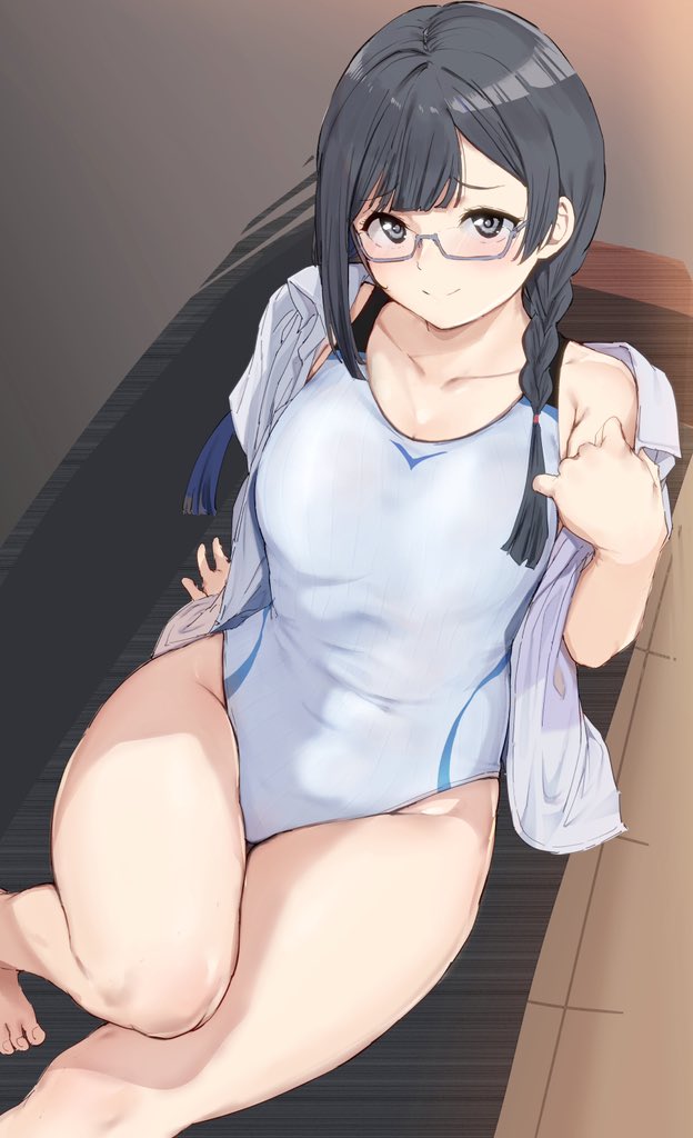1girl alp bangs barefoot black_hair blush braid breasts grey-framed_eyewear grey_eyes long_hair looking_at_viewer medium_breasts one-piece_swimsuit open_clothes open_shirt original shirt short_sleeves simple_background sitting smile solo swimsuit twin_braids white_shirt