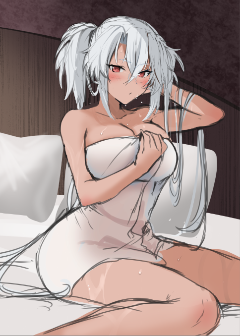1girl bed breasts commentary_request dark-skinned_female dark_skin kantai_collection large_breasts looking_at_viewer musashi_(kancolle) naked_towel no_eyewear pillow red_eyes silver_hair sitting solo towel two_side_up wet white_towel yokozuwari yunamaro