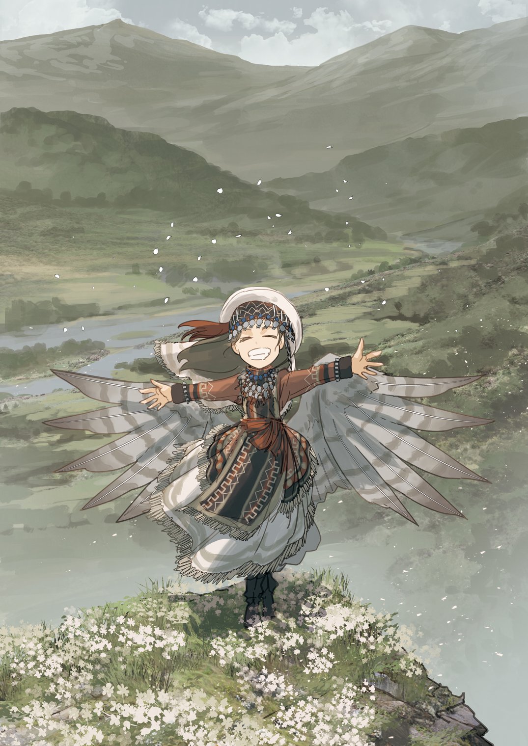 1girl asterisk_kome black_footwear brown_hair cliff closed_eyes clouds commentary_request day dress feathered_wings flower grass hat highres jewelry long_hair long_sleeves looking_at_viewer mountain necklace original outdoors river shoes sky smile solo standing teeth traditional_clothes valley vegetation water wide_shot winged_fusiliers wings