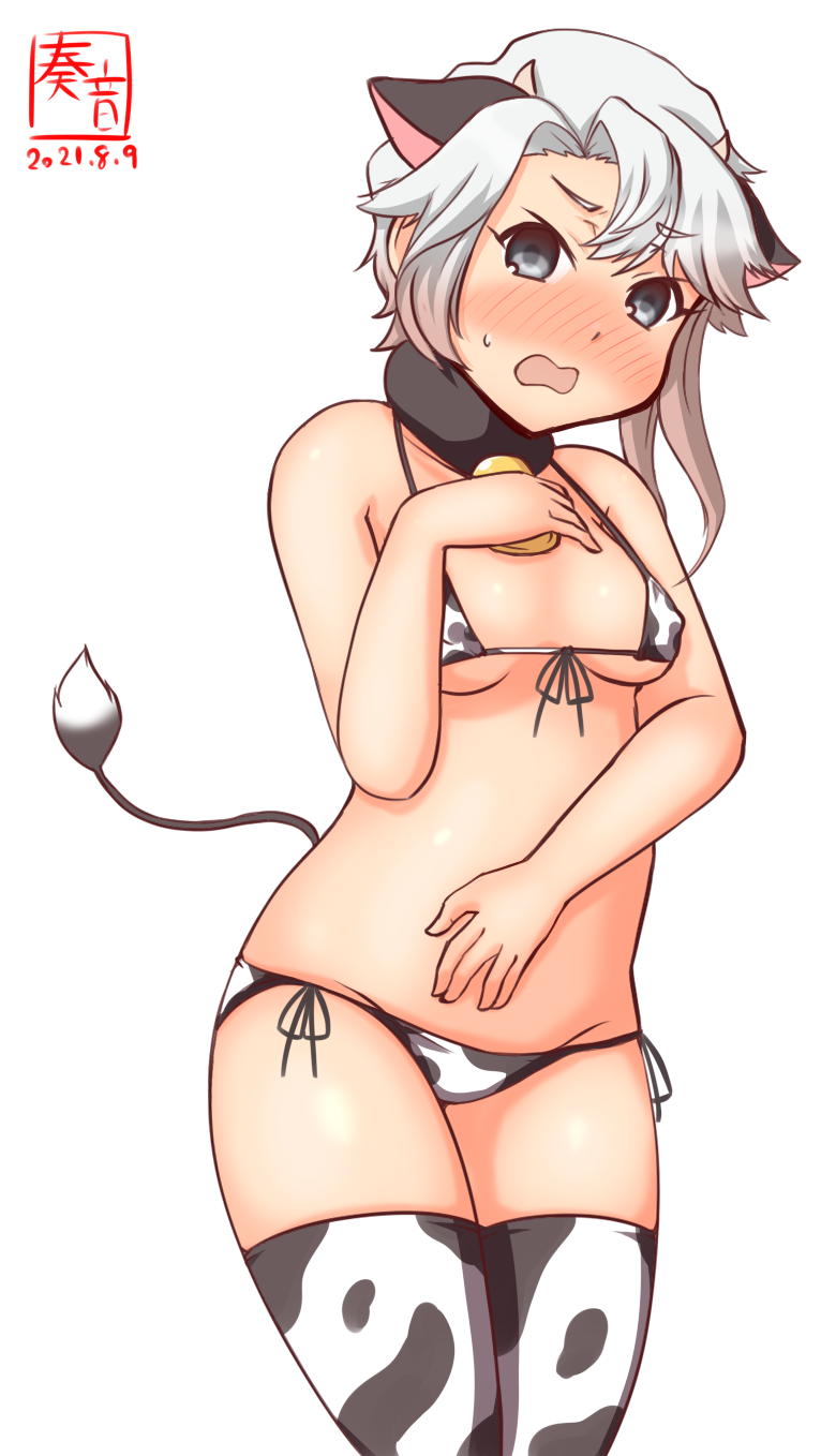 1girl akishimo_(kancolle) alternate_costume animal_ears animal_print artist_logo asymmetrical_hair bell bikini black_eyes blush breasts commentary_request cow_ears cow_horns cow_print cow_tail cowbell cowboy_shot dated embarrassed eyebrows_visible_through_hair fake_animal_ears fake_horns fake_tail gradient_hair hair_ornament highres horns kanon_(kurogane_knights) kantai_collection leaf_hair_ornament looking_at_viewer multicolored_hair neck_bell one-hour_drawing_challenge open_mouth print_bikini print_legwear short_hair short_hair_with_long_locks silver_hair simple_background small_breasts solo standing sweatdrop swimsuit tail thigh-highs white_background