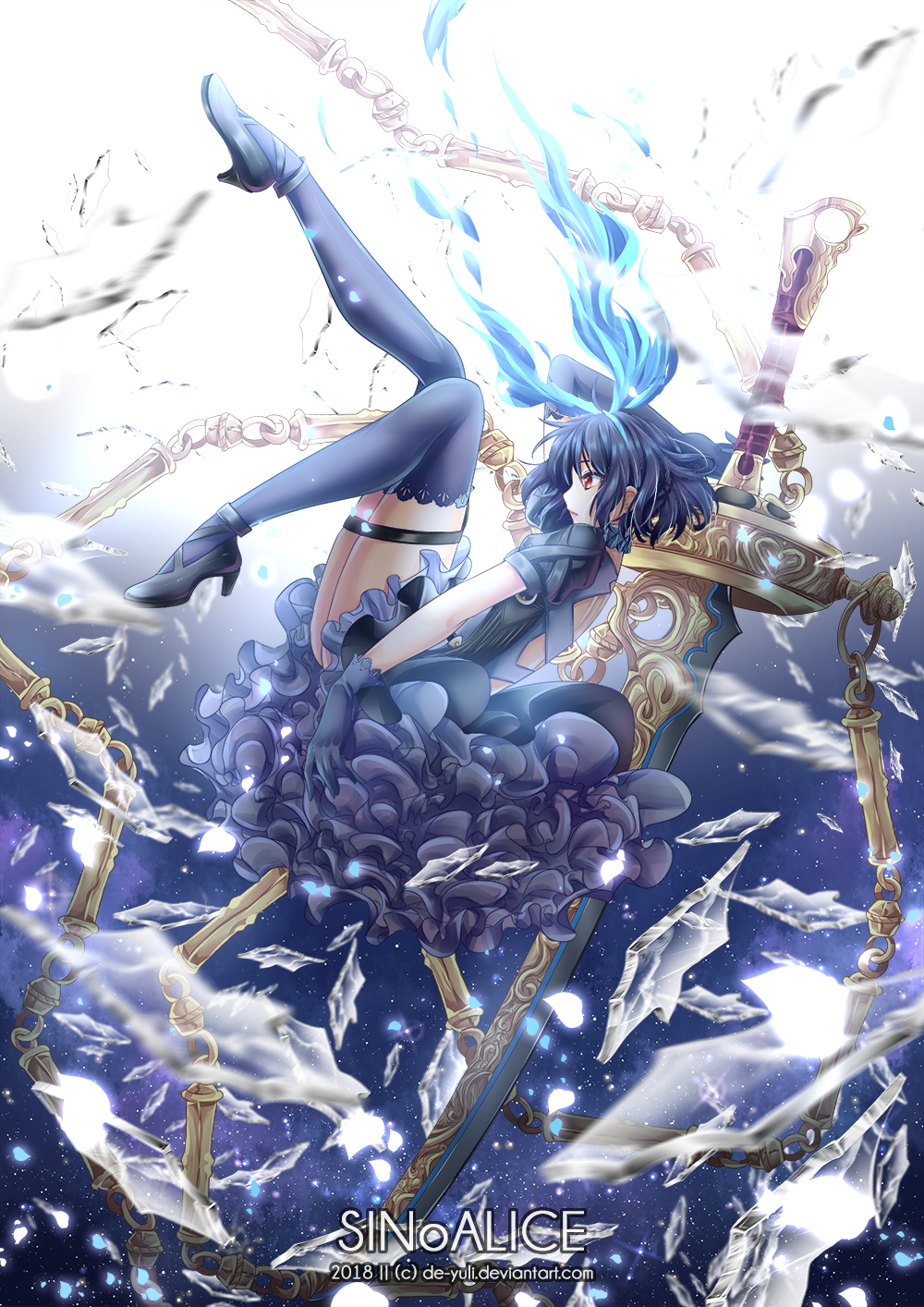 1girl alice_(sinoalice) bangs blue_dress blue_footwear blue_gloves blue_hair blue_legwear dress full_body gloves hair_between_eyes headband highres holding holding_sword holding_weapon looking_to_the_side open_mouth red_eyes shards shoes short_hair sinoalice solo sword thigh-highs weapon yuliana