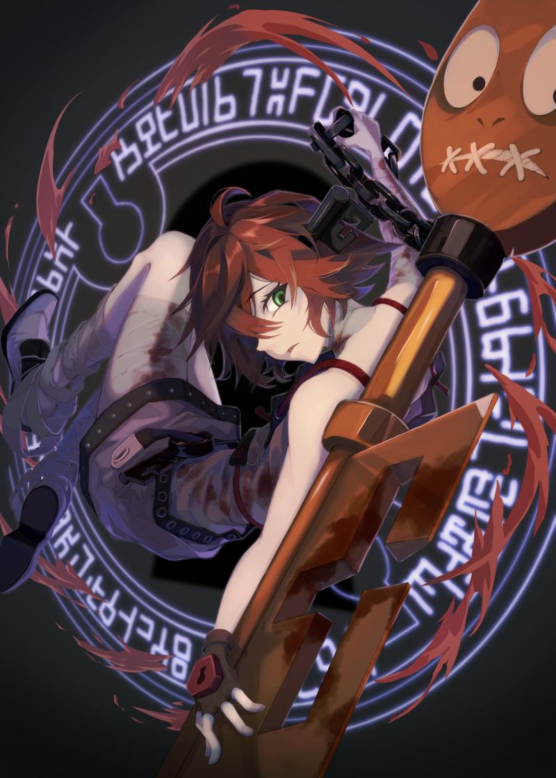 1girl a.b.a bandages chain fingerless_gloves gloves green_eyes guilty_gear guilty_gear_xx key key_in_head looking_at_viewer online_neet paracelsus redhead short_hair stitched_mouth stitches