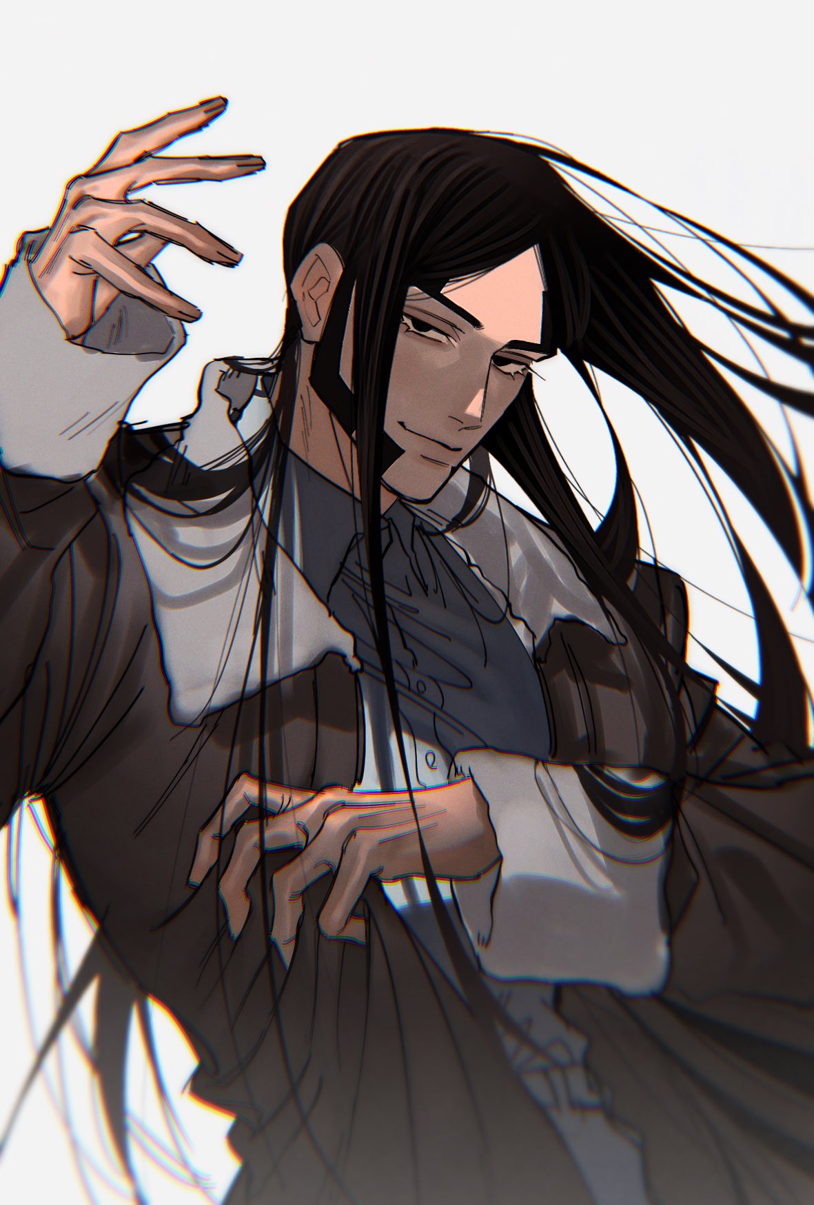 1boy ant_(wip_0011) black_eyes black_hair coat golden_kamuy hand_up highres long_hair long_sleeves looking_at_viewer male_focus oosawa_fusatarou sideburns simple_background solo upper_body white_background