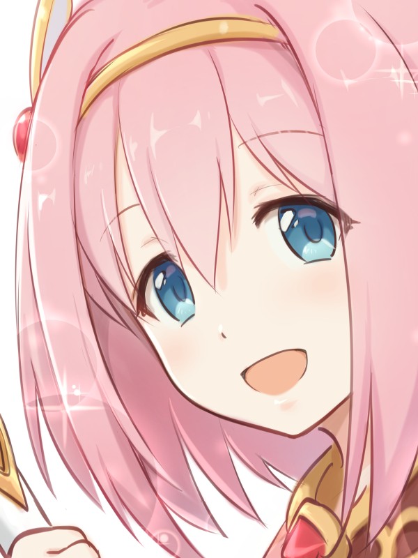 1girl :d bangs blue_eyes close-up eyebrows_visible_through_hair face hair_ornament kiikii_(kitsukedokoro) looking_at_viewer open_mouth pink_hair portrait princess_connect! short_hair sidelocks simple_background smile solo sparkle white_background yui_(princess_connect!)