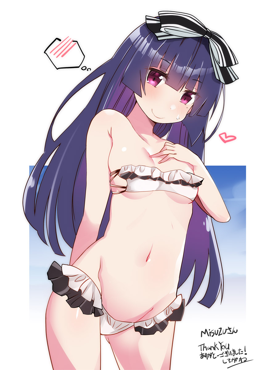 bikini black_hair bow commission frilled_bikini frills gokou_ruri hair_bow hand_on_own_chest heart highres hime_cut mole mole_under_eye ore_no_imouto_ga_konna_ni_kawaii_wake_ga_nai red_eyes shirogane_(platinum) skeb_commission smile sweatdrop swimsuit thought_bubble