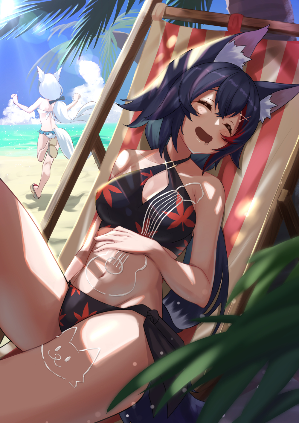 2girls animal_ear_fluff animal_ears beach beach_chair bikini black_bikini black_bow black_hair bob-the-bison bow closed_eyes clouds cloudy_sky commentary_request day eyebrows_visible_through_hair fox_ears fox_girl fox_tail frilled_bikini frills hair_between_eyes hand_on_own_stomach highres hololive knee_up leaf_print light_rays low_ponytail maple_leaf_print multicolored_hair multiple_girls navel ocean ookami_mio open_mouth palm_leaf palm_tree redhead saliva shirakami_fubuki sitting sky sleeping streaked_hair swimsuit tail tree virtual_youtuber w_arms white_bikini white_hair wolf_ears wolf_girl