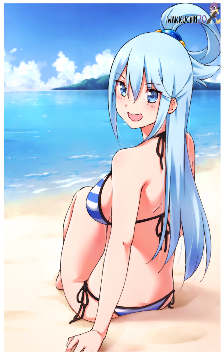 1girl :d aqua_(konosuba) arm_support bangs beach bikini black_ribbon blue_eyes blue_hair blush border breasts day eyebrows_visible_through_hair from_behind hair_between_eyes halterneck island kono_subarashii_sekai_ni_shukufuku_wo! long_hair looking_at_viewer looking_back medium_breasts ocean open_mouth outdoors ribbon shiny shiny_hair shoulder_blades side-tie_bikini sideboob sitting smile solo striped striped_bikini summer swimsuit tied_hair very_long_hair wakkuchin20 white_border