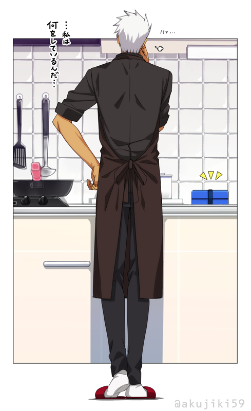 1boy akujiki59 alternate_costume apron archer_(fate) black_apron cooking dark-skinned_male dark_skin fate/stay_night fate_(series) from_behind full_body kitchen male_focus official_style short_hair solo spiky_hair thinking translation_request white_hair