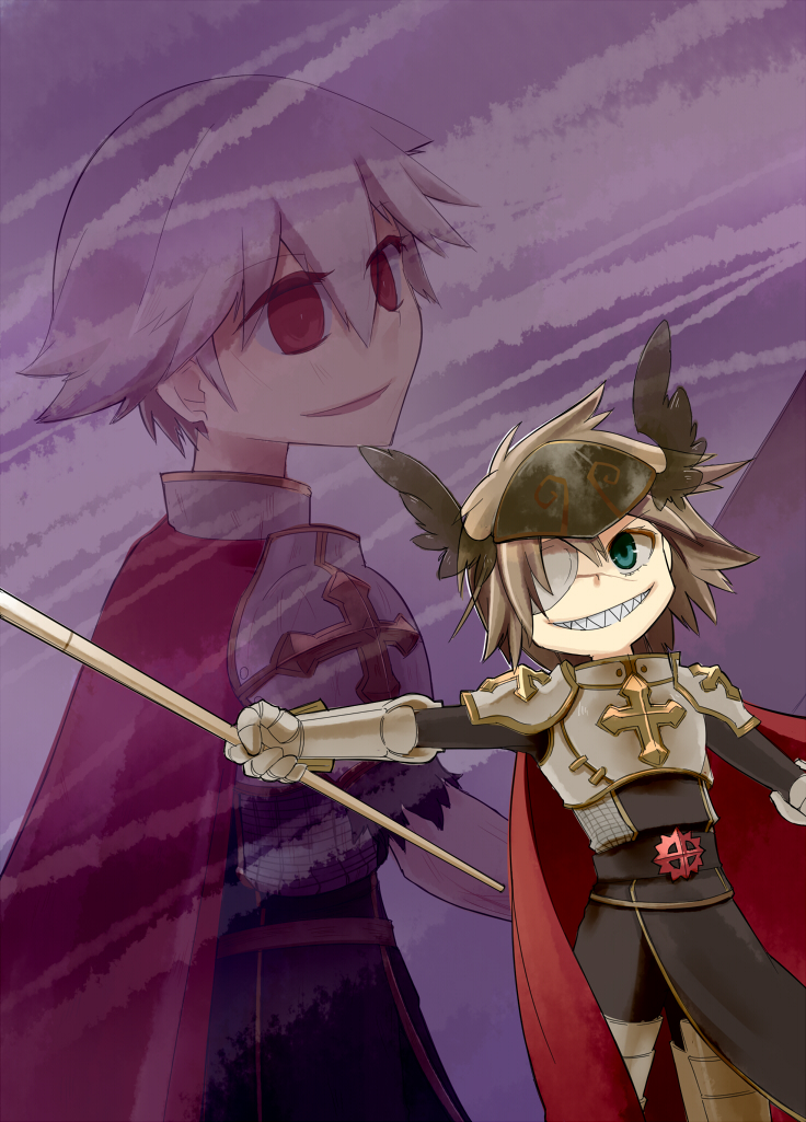 2boys armor aura_(a440) bangs black_wings breastplate brown_hair cape chainmail commentary_request cowboy_shot cross eyebrows_visible_through_hair eyepatch gauntlets green_eyes grin hair_between_eyes head_wings holding holding_polearm holding_spear holding_weapon lord_knight_(ragnarok_online) male_focus medium_hair multiple_boys open_mouth pauldrons polearm ragnarok_online red_cape red_eyes seyren_windsor sharp_teeth short_hair shoulder_armor smile spear spiked_gauntlets tabard teeth weapon white_hair wings